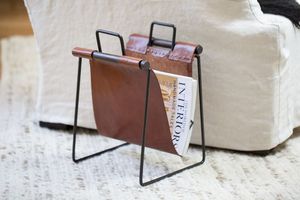 Rustic leather and gold metal <b>book</b> racks with multiple shelves for farmhouse <b>inspired</b> home office and reading corners - Product Image 6