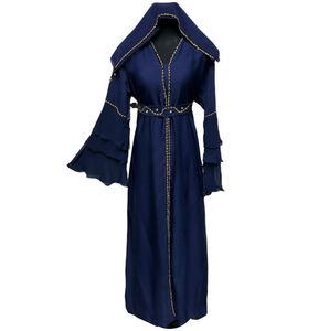 Elegante Abaya Azul Marino de Gasa con Cuello Tipo Capucha, Bordado con Cuentas, Manga Acampanada y Largo hasta el Suelo - Product Image 3