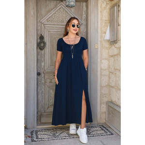 Women's Short-Sleeved Round Neck Front Slit Pocket <b>Viscose</b> Long <b>Dress</b>, 33073 - Blue - Product Image 2