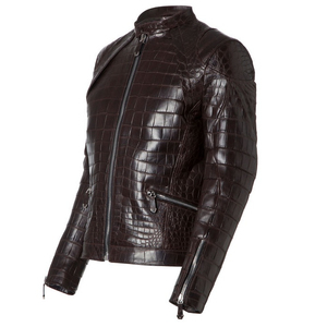 Veste de luxe en cuir de vache brun foncé avec tissu en toile effet peau de serpent, imperméable et respirante, mode d'hiver - Product Image 3