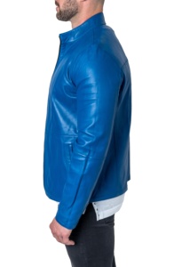 Chaqueta de piel de oveja para hombre con cuello azul ajustable y piel sintética suave piel de cordero azul - Product Image 3