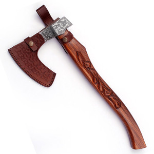 Hacha vikinga de acero de Damasco con grabado personalizado y mango de madera decorativa lista para la batalla, envío directo, Funda de cuero forjada a mano - Product Image 4
