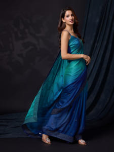 Sari indien non cousu pour femmes Trendmalls, en soie Rangoli, broderie lourde, double teinte, coupe régulière, toutes saisons, fête, mariage - Product Image 2