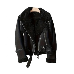 New Arrival Custom Black Shearling Motorcycle <b>Jacket</b> With Fur Trim Zipper Closure Short Winter Biker Style Women <b>Leather</b> <b>Jacket</b> - Product Image 1