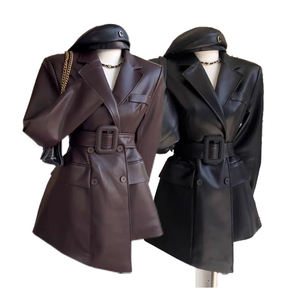 Veste en cuir élégante vintage marron du fabricant d'usine, style élégant de dame d'automne personnalisé, taille mince haut de gamme, tendance - Product Image 1