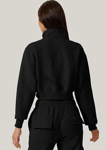 Femmes élégant court à capuche col roulé sweat à la mode automne Streetwear fermeture éclair tissé demi-fermeture éclair avant Logo 100% coton - Product Image 5