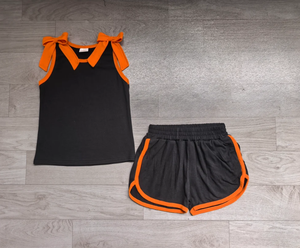 Ensemble de vêtements courts sans manches avec nœuds noirs et oranges pour bébés filles - Product Image 3