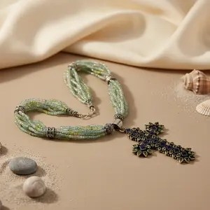 "Trendy Geometric Beaded <b>Cross</b> <b>Pendant</b> Necklace for Women-<b>Gold</b> Plated Christian Design" - Product Image 1