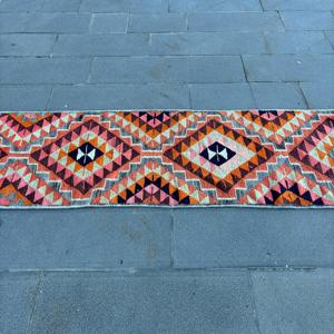 Turkish Vintage <b>Rug</b>, 2.2x10.4 ft <b>Runner</b> <b>Rug</b>, Orange Pink Ikat <b>Rug</b> - Product Image 3