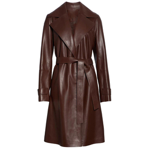 Abrigo de Cuero Tipo Gabardina para Mujer, Piel de Oveja Genuina, Color Marrón, Abrigo Largo de Invierno - Product Image 1