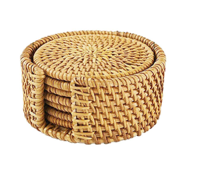 Ensemble de sous-verres en rotin carré rond traditionnel de style classique 6 pièces comprenant une boîte pour tasses bols à des fins décoratives - Product Image 1