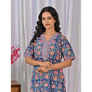 Vestido de Dormir 100% Algodón con Estampado Jaal Hecho a Mano, Camisón Suave Tejido con Diseño Floral y Botones, ODM 3XL para Damas de Honor - Product Image 1