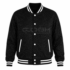 Veste universitaire d'hiver personnalisée OEM ODM Cosh International, col montant fin, couleur noir pailleté avec bordure blanche, unisexe - Product Image 4