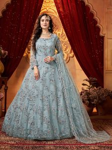 Robe longue ethnique indienne Anarkali pour femmes vêtements de fête adultes fantaisie broderie filet Dupatta en filet - Product Image 3