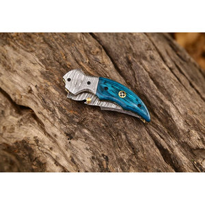 Cuchillo de bolsillo plegable EDC de acero de Damasco personalizado hecho a mano mango de madera exótica Funda de cuero con hoja de 3 pulgadas-para acampar DIY soporte OEM - Product Image 5