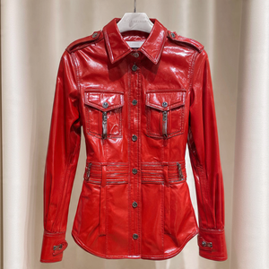 เสื้อหนังแฟชั่นสำหรับผู้หญิง, เสื้อหนัง PU สำหรับขี่มอเตอร์ไซค์เสื้อเชิ๊ตหนังมีกระเป๋าหน้าอกกระดุม - Product Image 2