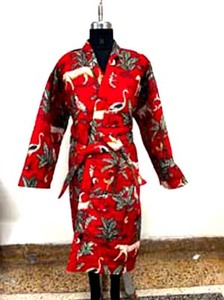 Fancy Light Green Printed Woven Women's Kimono with Wild <b>Animal</b> Design Flowers Handmade Embroidery & Fur Trim 100% Cotton - Product Image 4