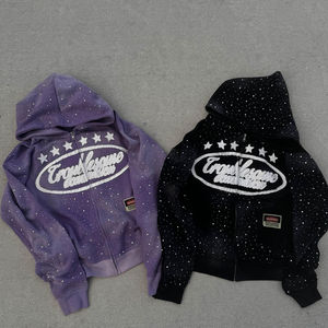 OEM US, sans taxe, streetwear personnalisé, sweat à capuche en strass, surdimensionné, en molleton français, lourd, vintage, délavé à l'acide, sweat à capuche zippé - Product Image 4