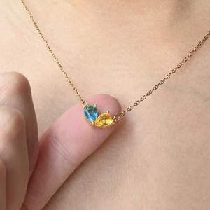 Blue Yellow Zircon Birthstone <b>Necklace</b> Dainty Chain Double Teardrop Crystal Pendant Handmade Jewelry <b>Friendship</b> Gift For Her - Product Image 3