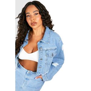 Veste en jean décontractée surdimensionnée bleu clair brodée et imperméable personnalisée pour hommes et femmes, prête à porter 100% - Product Image 1