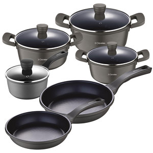 3-Piece Set of <b>Casserole</b> Dishes <b>with</b> <b>Lids</b> 202428cm and Saucepan 16cm + Frying <b>Pans</b> 2628cm in Non-Stick Cast Aluminum - Product Image 1