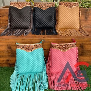New Designer Arrival Hand Tooled Quilted Leather <b>Large</b> Fringe Crossbody Shoulder Bag High Quality Genuine Leather Luxury Handbag - Product Image 1