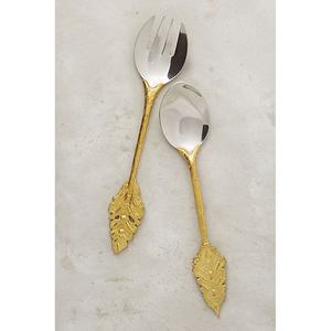 Customizable Modern Salad Server Set with <b>Gold</b> Long Leaf Design New Arrival Portuguese Spoon Fork Set for Back to School - Product Image 1