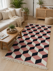 Handcrafted Pink Black 3D Geometric Block Long Hallway Runner Cotton Kilim Rug Flatweave Floor <b>Mat</b> with Tassels - Product Image 5
