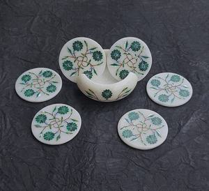 Handcrafted White <b>Marble</b> Inlay Tea Coasters Set Of 6 Natural Stone Crystal Drink Coasters - Product Image 2