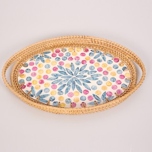Eco Friendly Mother Of Pearl With Rattan Serving <b>Tray</b> Oval Color Dot Pattern Handmade Bulk For Hospitality Storage Food <b>Drinks</b> - Product Image 4
