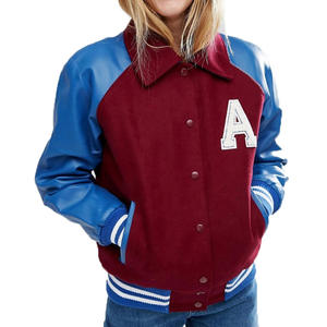 Women's New Street Style Varsity Jacket Solid Pattern Stand Collar Breathable Woolen <b>Fabric</b> with Cow Skin Leather Sleeves - Product Image 3