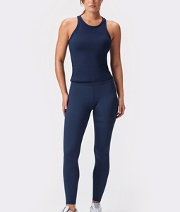 Camiseta sin mangas para mujer ajustada acanalada de cuello alto azul oscuro, ligera, elástica en cuatro direcciones, cómoda, ropa informal para gimnasio y yoga - Product Image 4