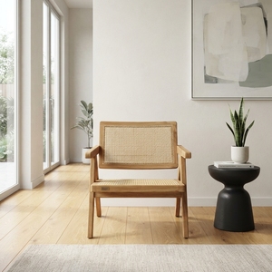Chaise de salle à manger minimaliste moderne en teck avec rotin tressé, usage général, mobilier pour la maison, bureau, hôtel, villa, appartement, cuisine - Product Image 3