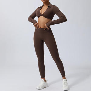 Conjunto Deportivo Ligero para Mujer, Top Corto con Cuello en V y Manga Larga con Leggings de Cintura Alta, Ropa Deportiva - Product Image 1