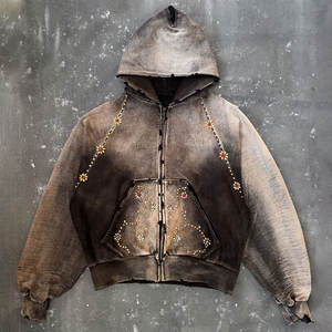 Sudadera de Invierno Estilo Urbano, Bordada, de Felpa Gruesa, Deslavada al Sol, con Cierre, Lavado Ácido, con Pedrería, Corte Recto, Desgastada - Product Image 5