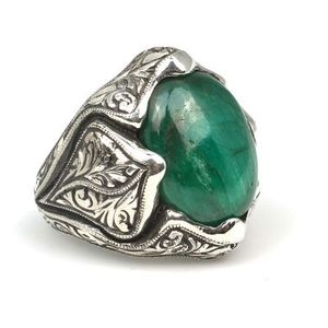 925 Sterling <b>Silver</b> Handmade Men's <b>Ring</b> with Boho Style <b>Statement</b> Leaf Motif and Geometric Oval Jade Stone for Everyday Wear - Product Image 2