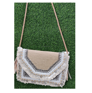 Sac à main de soirée en jute de style bohème indien pour femmes, fermeture à glissière, grande capacité, fait main, avec perles - Product Image 4