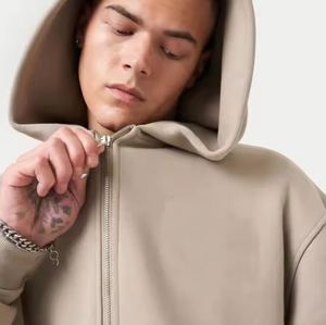 80% Algodón 20% poliéster de gran tamaño con cremallera frontal Sudadera con capucha gris verde acanalado dobladillo puños hombro caído estilo de invierno 100% Material de algodón - Product Image 5