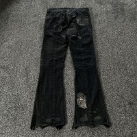 Jeans Unisex OEM Negros de Cintura Media, Transpirables, 100% Algodón, Tejido Denim, Lavado a la Piedra, Lavado Láser, Rotos, Estilo Vintage, Corte Acampanado