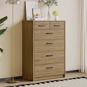Platsa Modern Nordic <b>6</b>-<b>Drawer</b> Tallboy Solid Oak MDF Chest of <b>Drawers</b> Stainless Steel Metal for Living Room Bedroom Furniture - Product Image 1