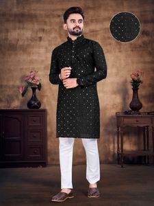 Pyjama en coton pour homme, vêtement décontracté, couleur noire, broderie miroir, tenue de travail, Kurta - Product Image 4