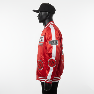 Blouson d'aviateur en satin de luxe 220GSM rouge blanc panneau contrasté broderie personnalisée et conception de logo en chenille veste en satin pour homme - Product Image 3