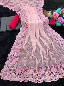 Bollywood Style coupe bordure travail longue longueur pré drapé doux Georgette tissu Un point Saree Blouse pour vêtements pour femmes - Product Image 2