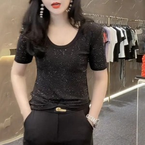 เสื้อคอกลมผู้หญิงสดใสติดเพชรเสื้อทรงเข้ารูปแขนสั้นเสื้อสำหรับผู้ไปทำงานอุตสาหกรรมหนักใหม่ฤดูร้อน - Product Image 6