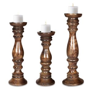 Solid Mango Wood Pillar <b>Candle</b> Holder <b>Set</b> Handcrafted Rustic Decorative Candlestick For Dining Table Centerpiece House Styling - Product Image 2