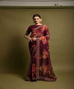 NOUVEAU ARRIVÉ Georgette Soie Floral Imprimé Séquence Dentelle Travail Indien Tenue Traditionnelle Fête Festival Saree Blouse Non Cousue Vin - Product Image 1