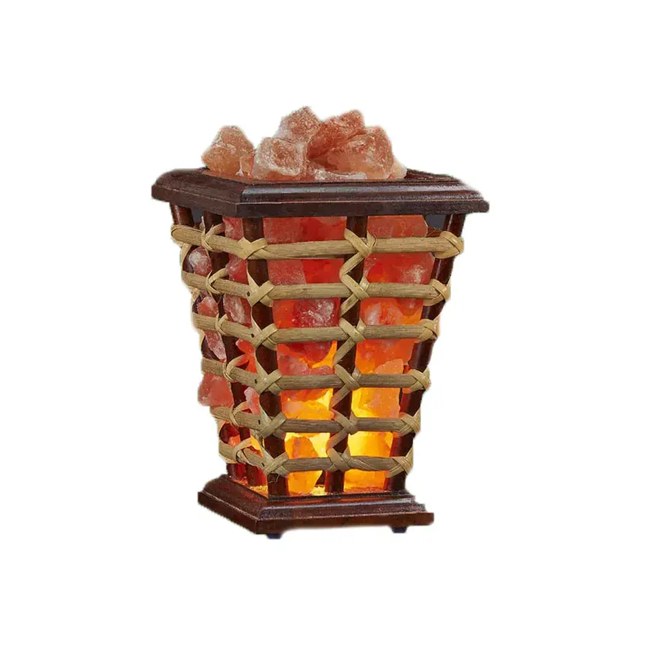 Himalayan Natuurlijke Zout Lampen Aangepaste Rietvorm Houten Mand Met Zoutbrokken Lamp Metalen Frame Rots Roze Zout