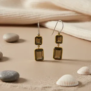 Boucles d'oreilles pendantes en quartz fumé plaqué or pour femmes, idée cadeau tendance - Product Image 3