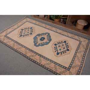 Tapis en laine turque vintage taille 4x6 'bleu Beige Style classique Patchwork Design tissage plat Latex adolescent décorations de salon - Product Image 3