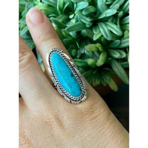 Navajo Handmade Kingman <b>Turquoise</b> Sterling Silver Statement <b>Ring</b> Size 7.75 - Product Image 2